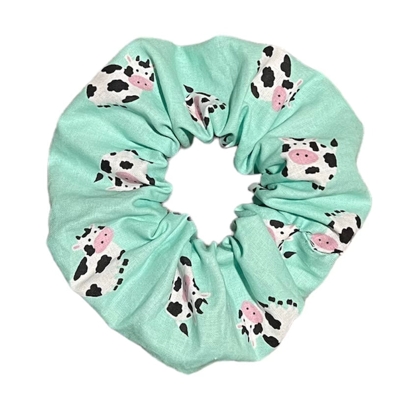 Tied Together Cow Light Teal scrunchie